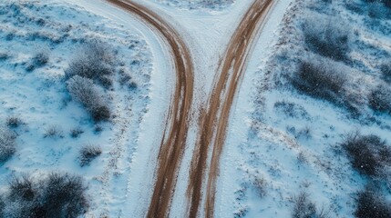 Aufkleber - Snow-covered dirt road intersection in winter landscape with tire tracks and frosty bushes.