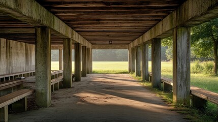 Poster - A serene pavilion with benches under a concrete structure, surrounded by grassy fields.