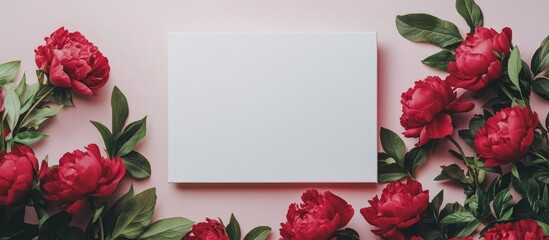 Aufkleber - Elegant floral arrangement with vibrant red peony flowers and green leaves framing a blank white canvas on a soft pink background for artwork mockup