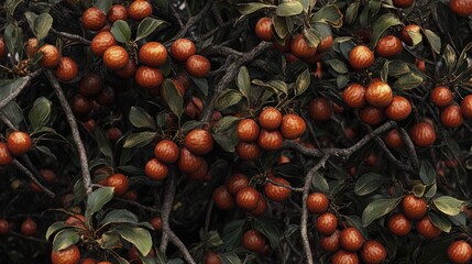Aufkleber - Branches of Diospyros cathayensis laden with ripe orange fruits amidst lush green leaves in a natural setting.