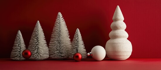 Poster - Christmas decor featuring snowy trees and ornaments on a vibrant red background creating a festive holiday atmosphere.