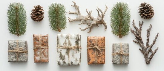 Poster - Rustic craft paper wrapped gifts with spruce branches and pine cones arranged on a white background featuring ample copy space above and below