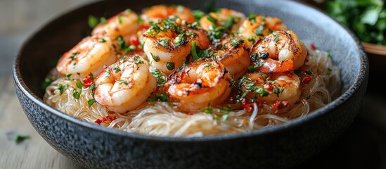 Aufkleber - Delicious Vermicelli Noodles Topped with Succulent Baked Prawns and Fresh Herbs in a Rustic Bowl
