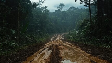 Aufkleber - Muddy forest road after rainfall surrounded by lush greenery and misty atmosphere