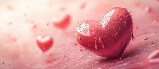 Aufkleber - Heart-shaped sweets with a glossy finish and water droplets, perfect for Valentine's Day or romantic celebrations, set against a soft pink background.
