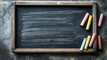 Poster - Blank black chalkboard with colorful chalk pieces scattered, perfect for educational or creative concepts in a classroom or workshop setting.