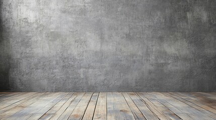 Aufkleber - Gray concrete wall texture with weathered wooden floor in a grunge style for backgrounds and design projects.