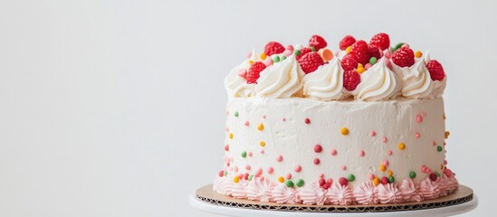 Poster - Elegant raspberry cake adorned with whipped cream and colorful sprinkles presented against a bright white backdrop in a confectionery setting