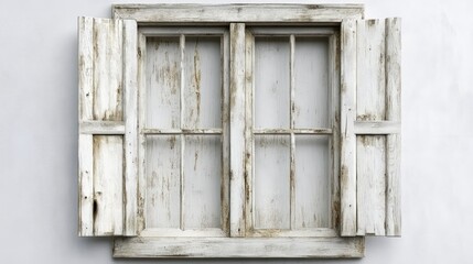 Aufkleber - Vintage weathered wooden window with peeling white paint and rustic shutters on a neutral background