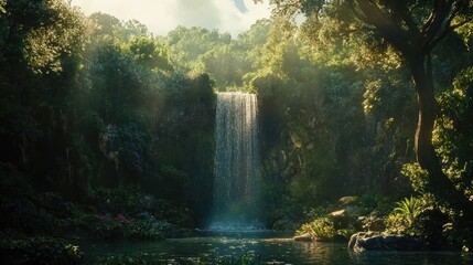 Aufkleber - Majestic waterfall cascading through a lush forest surrounded by vibrant greenery and dappled sunlight creating a serene natural oasis