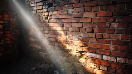 Aufkleber - Old brick wall with discolored crisscross pattern illuminated by soft light rays creating a moody atmosphere in an abandoned setting