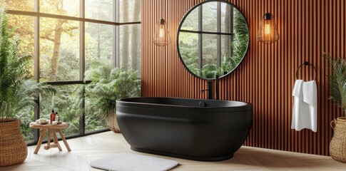 Aufkleber - A modern bathroom featuring a black tub, wooden accents, and large windows with greenery.