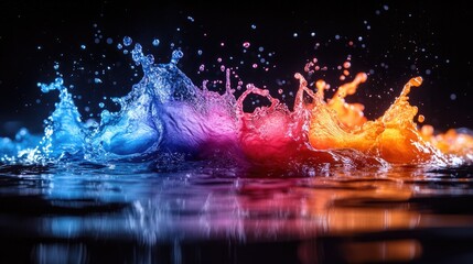 Aufkleber - Vibrant water splashes amidst a colorful dust explosion illuminated against a dark backdrop showcasing dynamic motion and vivid hues.