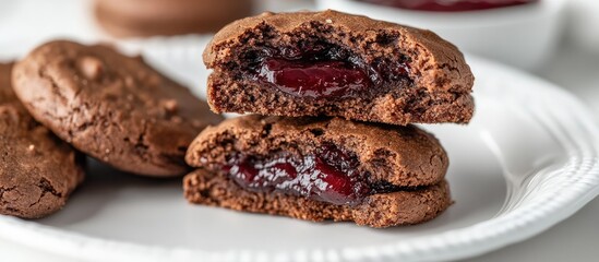 Aufkleber - Chocolate gingerbread cookies with plum jam filling on a white plate, showcasing a delicious dessert perfect for festive celebrations.
