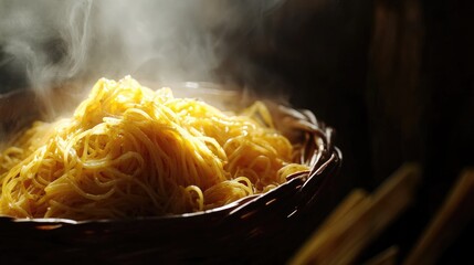 Poster - Delicious steaming carbonara spaghetti served in a rustic basket highlighting the classic Italian pasta dish