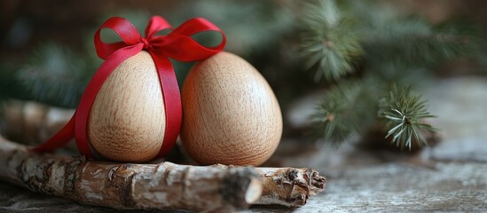 Sticker - Wooden eggs tied with a red ribbon on birch bark symbolizing natural materials and rustic decorations for seasonal celebrations