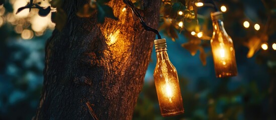 Poster - Decorative glass bottle lights hanging from a tree branch creating a warm festive atmosphere in a garden setting during twilight.