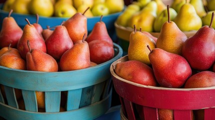 Poster - Freshly harvested red pears in vibrant bushel baskets showcasing a colorful farm market display of local produce.