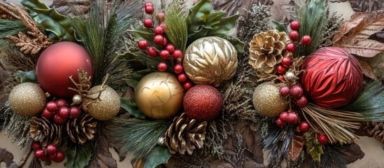 Poster - Festive Christmas decorations featuring ornaments pinecones and berries creating a seasonal atmosphere for holiday celebrations