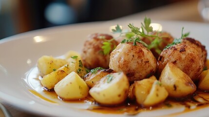 Poster - Dinner plate featuring golden fish balls served with roasted baby potatoes and garnished with fresh herbs.