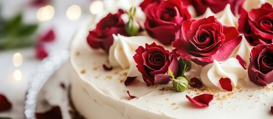 Poster - Elegant cake adorned with fresh red roses and cream, perfect for celebrations and festive occasions, showcasing a delectable dessert display.