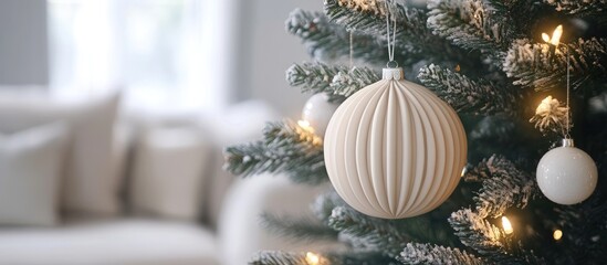 Poster - Elegant white decorative ornaments hanging on a Christmas tree with soft lighting creating a cozy holiday atmosphere in a modern living room.