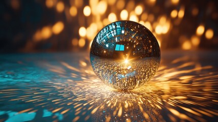Poster - Disco ball creating vibrant light reflections on surface with an energetic and colorful background perfect for party themes and celebrations