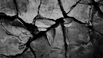 Poster - Detailed gray stone surface with deep cracks creating a textured background ideal for design projects or artistic compositions.