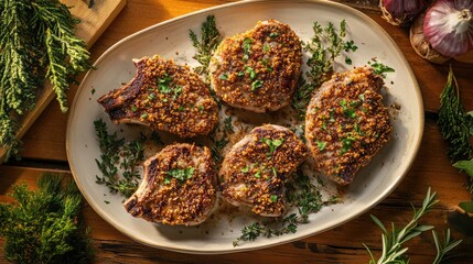 Poster - Crispy crusted lamb chops served with fresh herbs on a rustic wooden table showcasing gourmet cuisine presentation