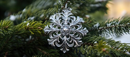 Poster - Silver snowflake ornament delicately hanging on a lush green Christmas tree showcasing festive holiday spirit and elegant decoration details.