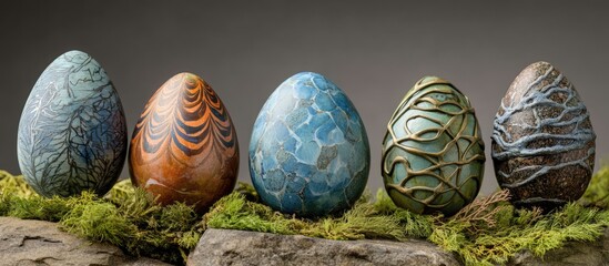 Poster - Decoratively painted eggs for Easter celebration depicting intricate designs and vibrant colors on a natural stone backdrop.
