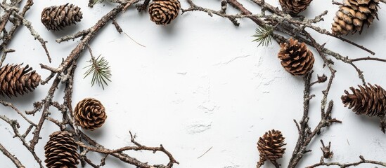 Poster - Nature-inspired circular arrangement of branches and pinecones on a flat surface for creative design and seasonal decorations