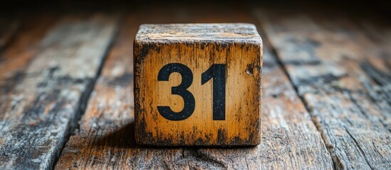 Poster - Rustic wooden calendar block displaying the date 31 on a textured wooden background for vintage themed designs.