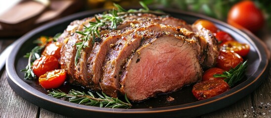 Poster - Succulent roasted meat with cherry tomatoes garnished with fresh herbs on an elegant plate showcasing appetizing presentation