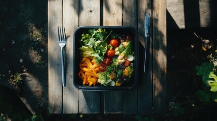 Aufkleber - Direct overhead shot of a vibrant salad bowl with cutlery on a rustic wooden table setting