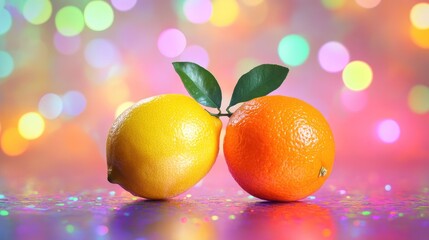 Aufkleber - Vibrant lemons and oranges with leaves in a colorful disco background creating a playful and lively fruit composition.