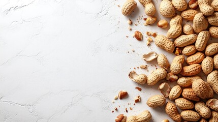 Poster - Peanuts scattered on a textured white background showcasing their natural state and inviting texture for culinary or snack-related themes