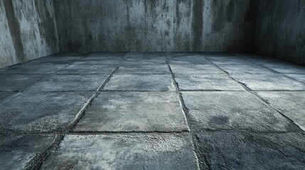 Poster - Textured gray cement floor with dirty appearance in an empty, dimly lit room, ideal for backgrounds or industrial design projects.