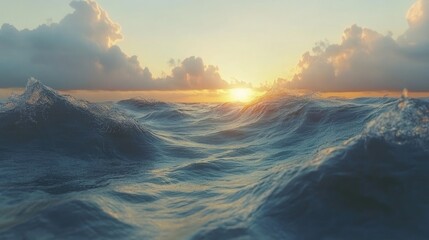 Aufkleber - Endless waves at sea under a colorful sunset with clouds illuminating the horizon creating a serene and tranquil atmosphere
