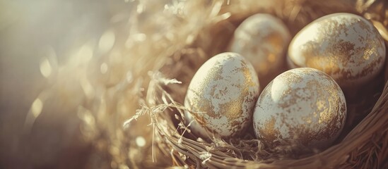 Poster - Vintage styled Easter eggs in a basked surrounded by straw with soft focus and warm tones creating a nostalgic festive atmosphere