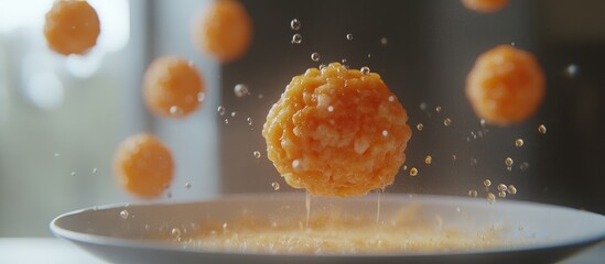 Poster - Spherical cheese balls being cooked and splashing in a delicious golden sauce on a white plate