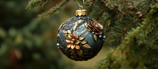 Poster - Elegant decorated Christmas ornament hanging on lush evergreen branch showcasing intricate floral design and vibrant colors