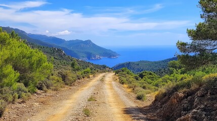 Aufkleber - Scenic dirt road winding through mountains with lush greenery and a serene blue sky overlooking the distant coastline