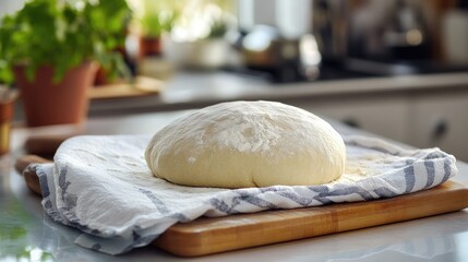 Poster - Homemade bread dough resting on a dish towel on a wooden cutting board in a cozy kitchen setting