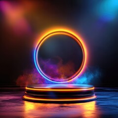 Poster - Neon Circle Display on a Round Platform with Colorful Smoke Effects in the Background
