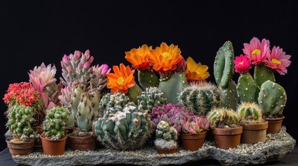 Aufkleber - Vibrant Display of Diverse Cacti Varieties Showcasing Colorful Flowers and Unique Characteristics Against a Dark Background