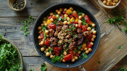 Aufkleber - Frying pan with fried meat atop a wooden table surrounded by a colorful chickpea and vegetable salad in an inviting top view arrangement