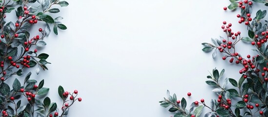 Poster - Elegant Christmas background with holly leaves and red berries on a light textured surface for festive design and decorations.