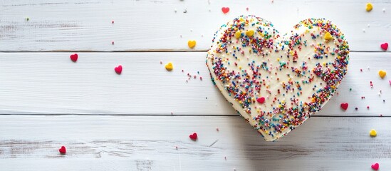 Poster - Heart shaped cake with colorful confetti on a rustic white wooden table showcasing a delightful dessert for celebrations and special occasions.