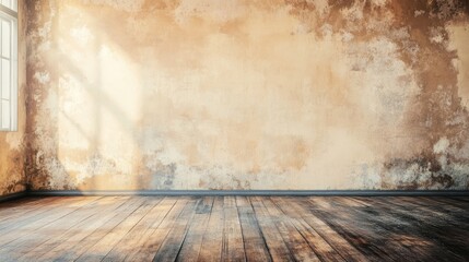 Aufkleber - Grungy vintage wall with wooden floor and natural light creating an atmospheric interior space background for artistic projects.